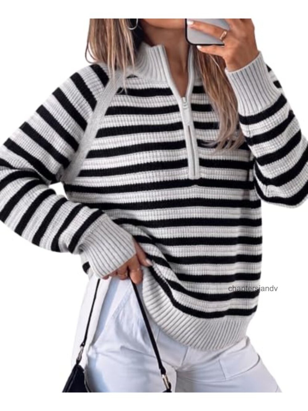 Half Zip Striped Ribbed Knit Pullover Sweater Oversized Thumb Holes